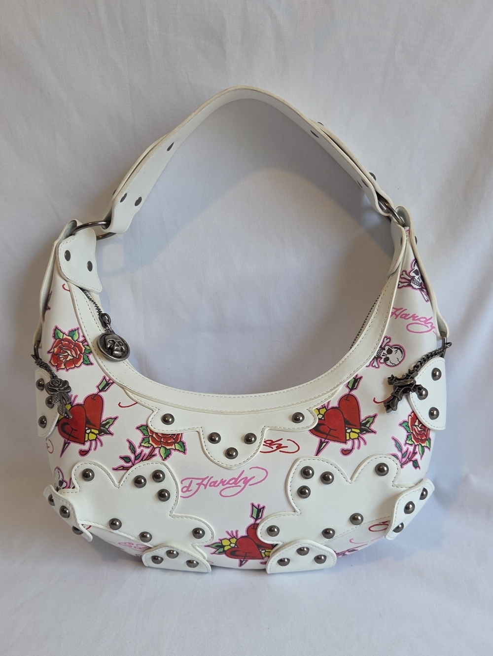 Ed Hardy White Shoulder Bag with Red Heart & Pink Script